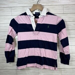Polo Ralph Lauren Shirt Sz 6 Blue‎ Pink Rugby Striped Long Sleeve Pony Preppy